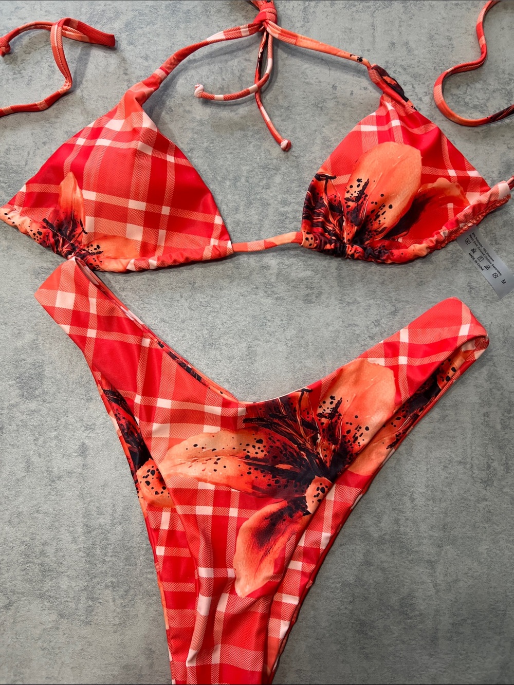 SHEIN Red Plaid Floral Triangle Bikini Set